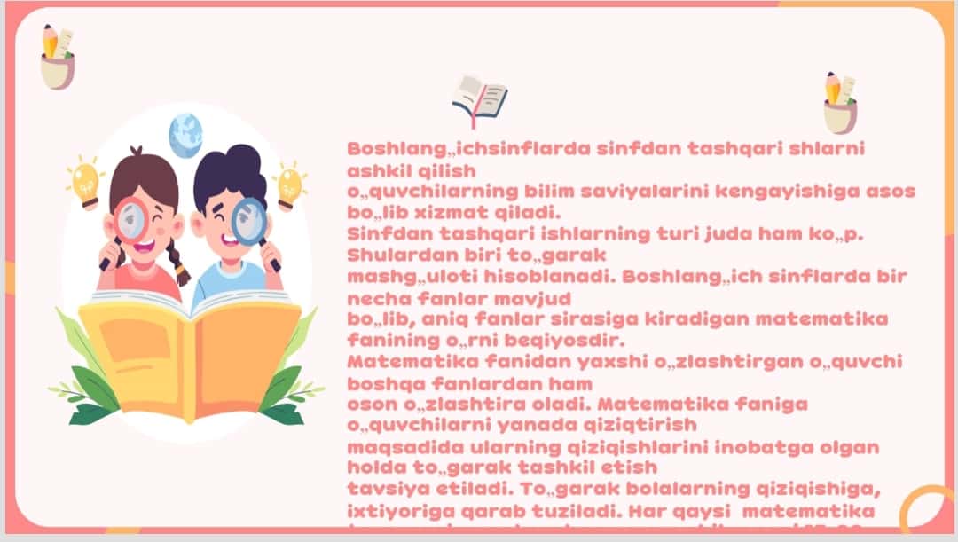 Matematik togarakni o'tkazish metodikasi. Boshlang'ich sinflarda sinfdan tashqari ishning xususiyatlari