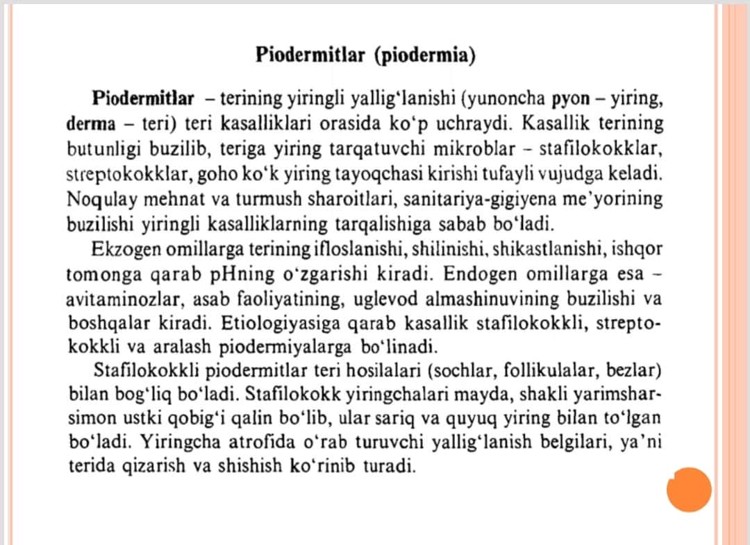 Piodermiya. Dermatozoonozlar Strepto-. statilo-, va aralash piodermiyalar. Terining zamburug'li kasalliklari.
