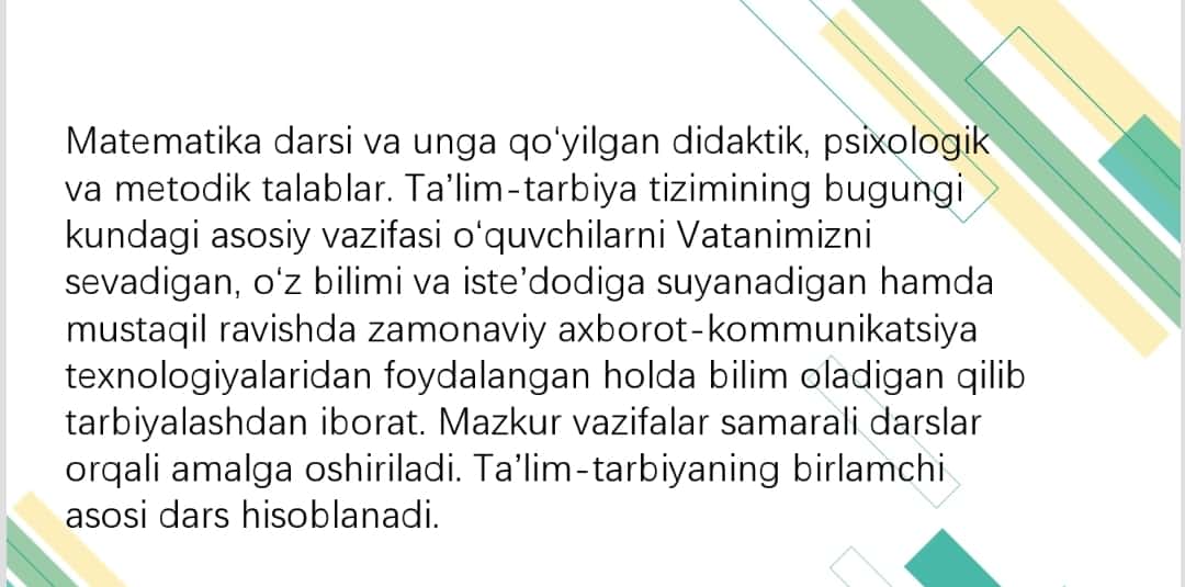 Boshlangʻich sinflarda matematika darsligining tuzulishi va dars tizimi.