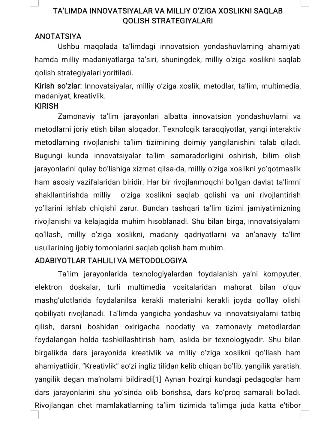 Ta'limda innovatsiyalar va milliy o‘ziga xoslikni saqlab qolish strategiyalari