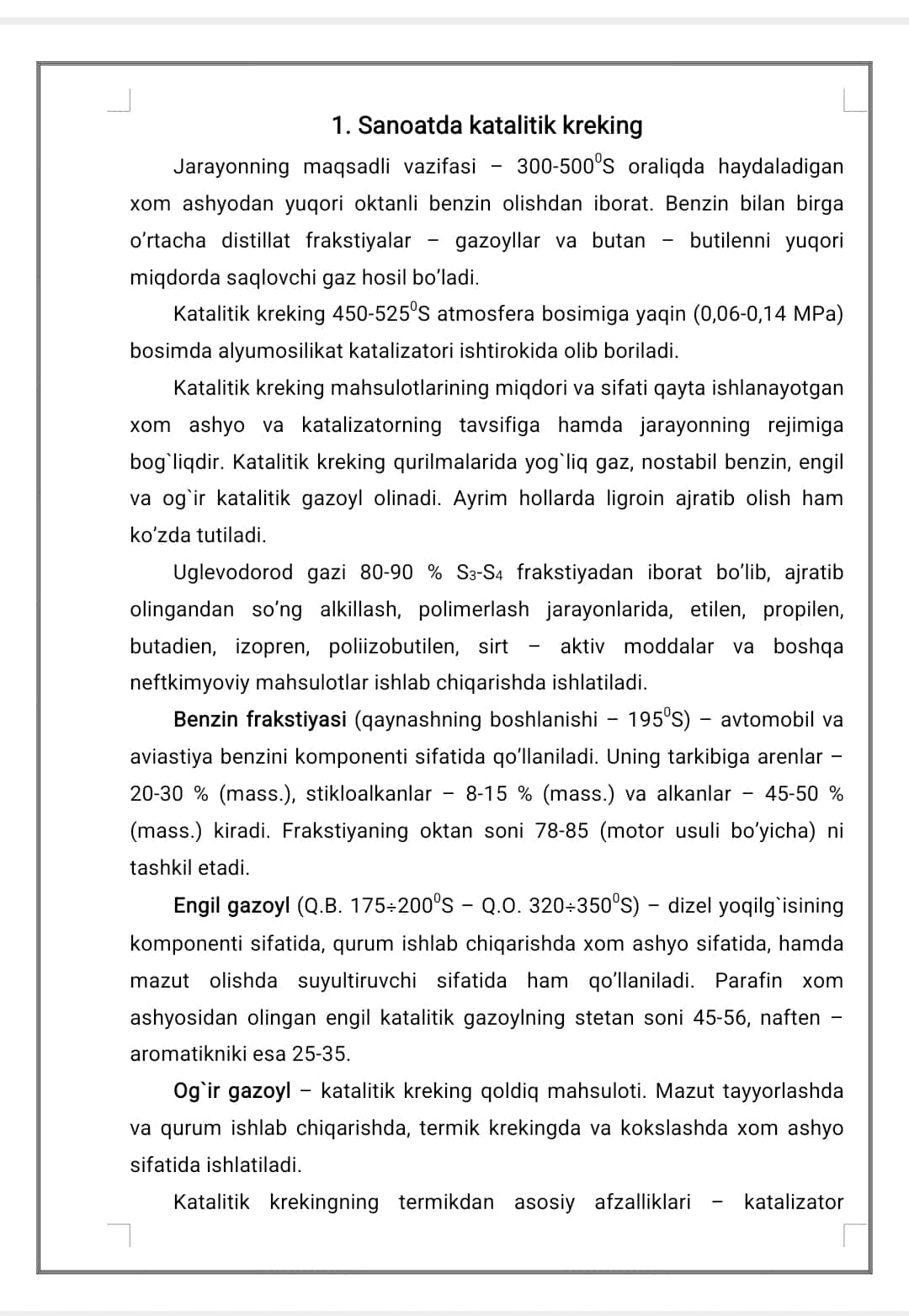 Katalitik kreking jarayonlarni avtomatlashtirish