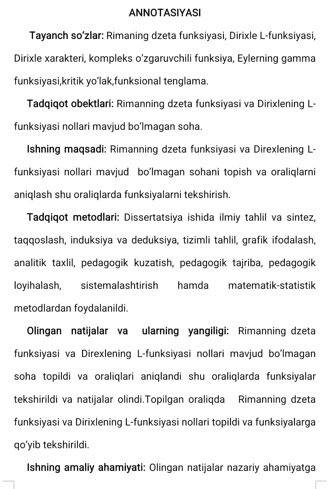RIMANNING DZETA FUNKSIYASI VA DIRIXLE L-FUNKSIYASINING NOLLARI MAVJUD BO‘LMAGAN SOHA HAQIDA