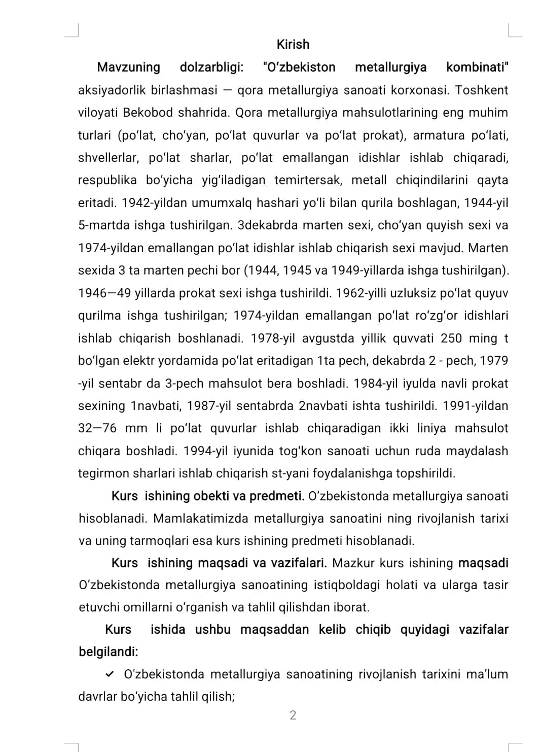 O’ZBEKISTONDA METALLURGIYA SANOATI