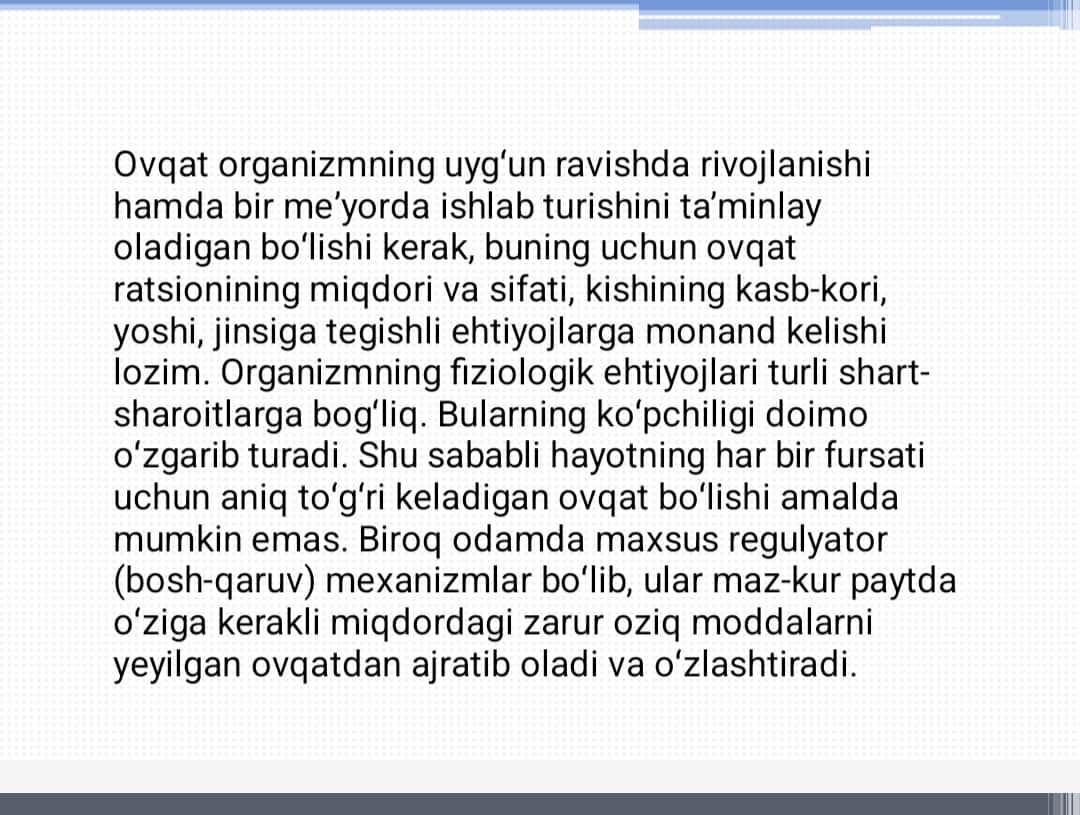 Statsionar sharoitda bemorlarni   ovqatlantirishni tashkil qilish
