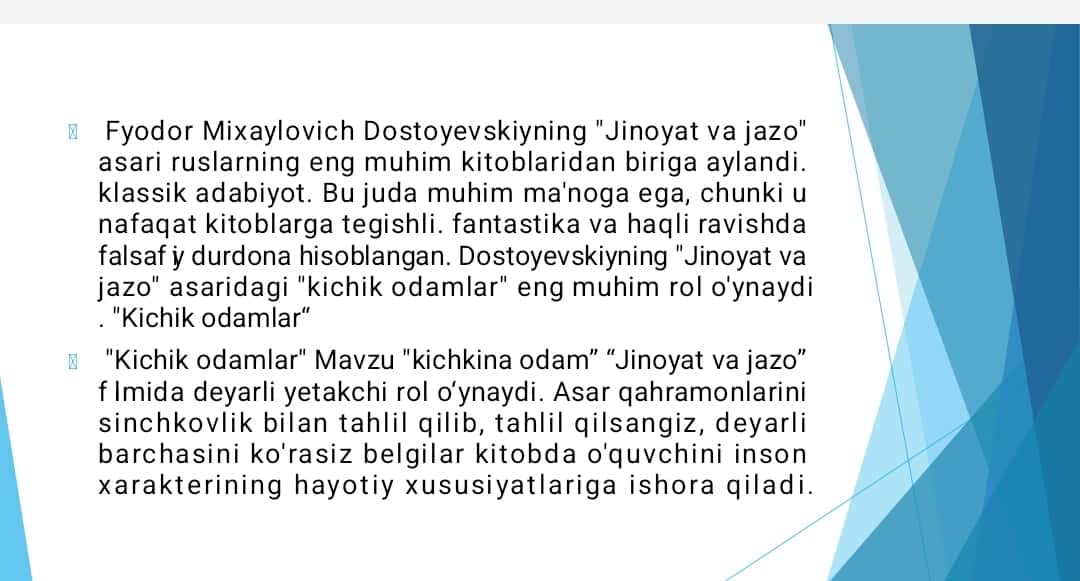 Badiiy adabiyotda huquqiy diskurs F.M.Dostoyevskiyning “Jinoyat va jazo” asarida qahramonlarning huquqlari va xulq-atvoriga ta’sir qiluvchi qonun bandlari tahlili.