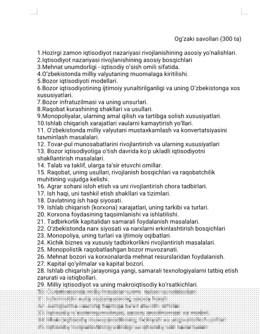 IQTISODIYOT NAZARIYASI” FANI BO‘YIChA YAKUNIY NAZORAT SAVOLLARI