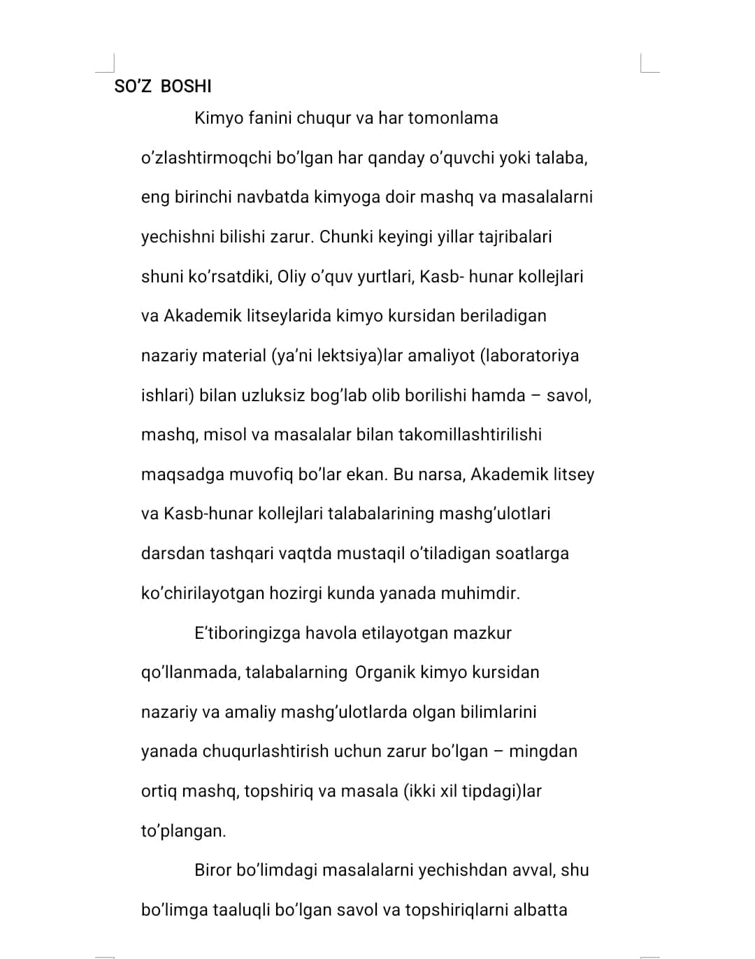 Organik Kimyo fanidan masalalar to'plami