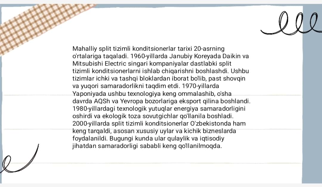 Mahalliy split tizimli konditsioner konstruksiyalari va ishlash rejimi