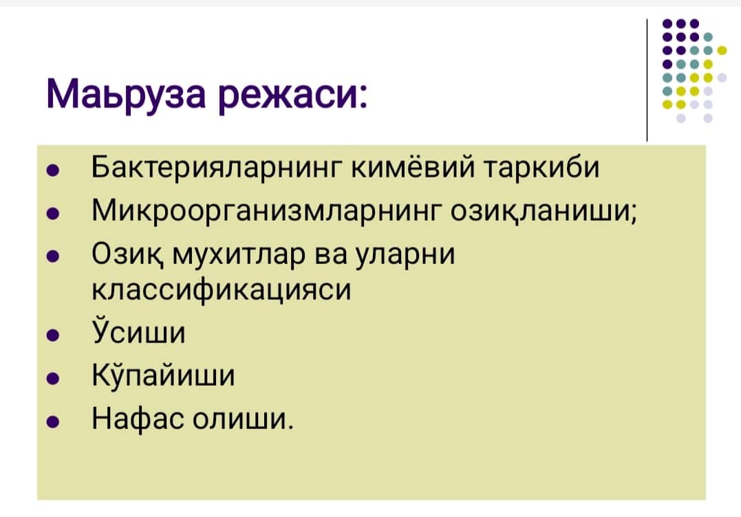 Бактерияларнинг физиологияси. Нафас олиши,   озикланиши, кўпайиши.  Озиқ мухитлар.