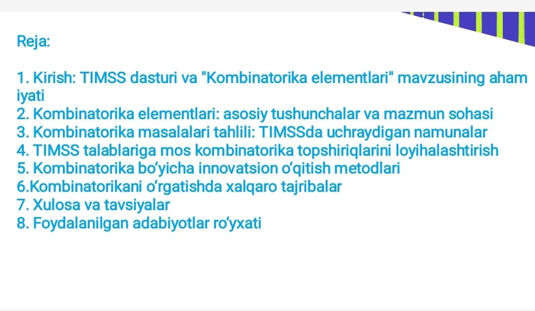 TIMSS xalqaro baholash dasturida
"Kombinatorika elementlari" mazmun
sohasiga oid topshiriqlar