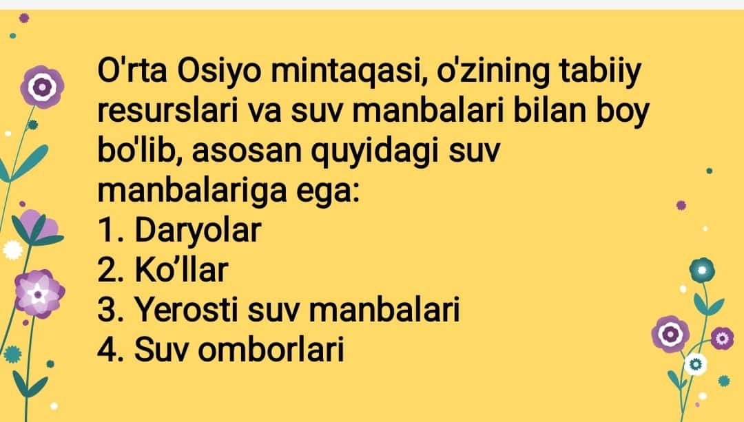 O‘rta Osiyo suv manbalari va ularning ifloslanishidan saqlash chora-tadbirlari.
