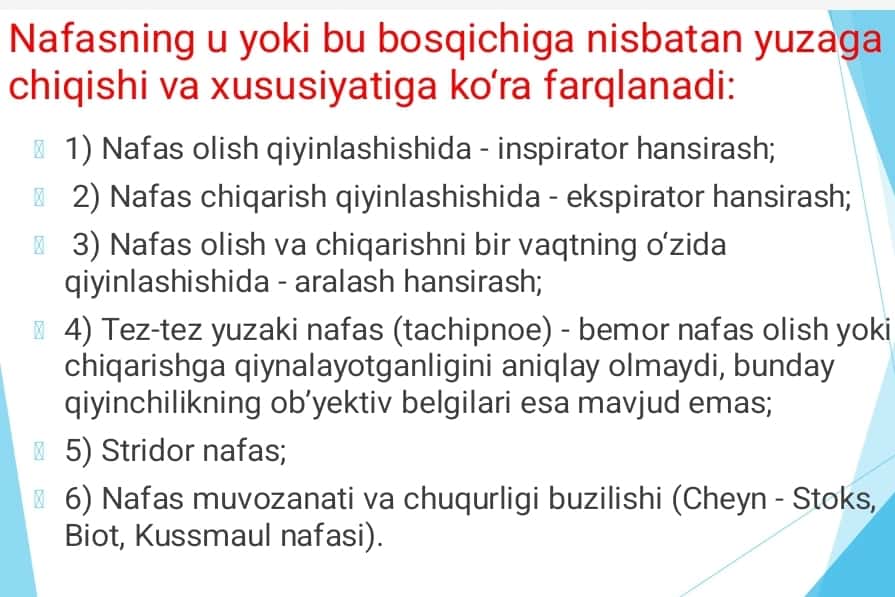 Nafas olish a'zolari kasalliklarining klinik koʻrinishlariga algoritmik yondashuv asosida differensial diagnostikasi. Yoʻtal. Sianoz. Qon tuflash. Ogʻriq. Hansirash
