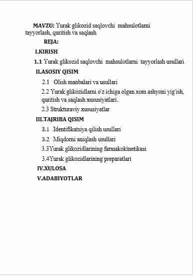 Yurak glikozid saqlovchi mahsulotlarni tayyorlash, quritish va saqlash