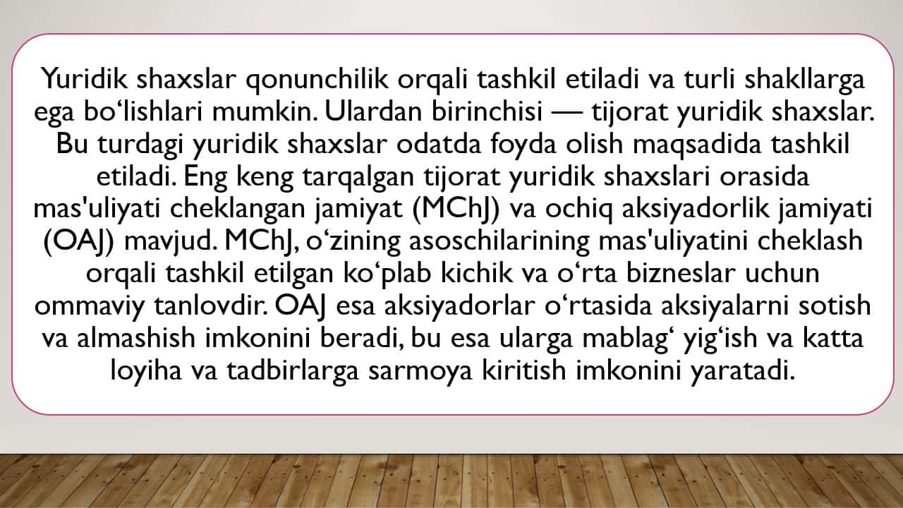 Yuridik shaxs tushunchasi  va turlari
