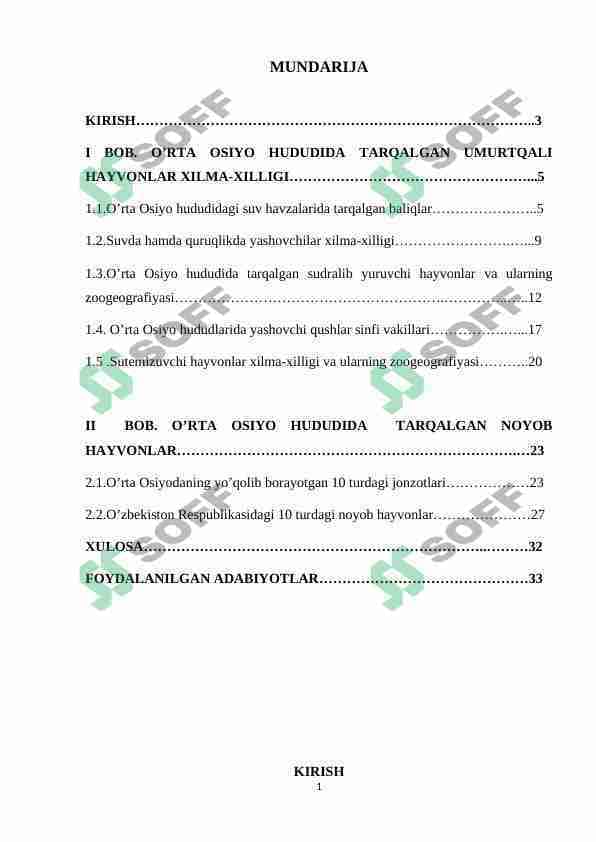 O’rta Osiyo tekisliklari, suv havzalari va tog’li hududlarida yashovchi umurtqali hayvonlar