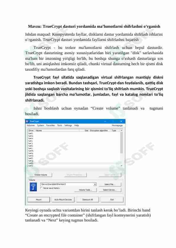 TrueCrypt dasturi yordamida ma’lumotlarni shifrlashni o‘rganish