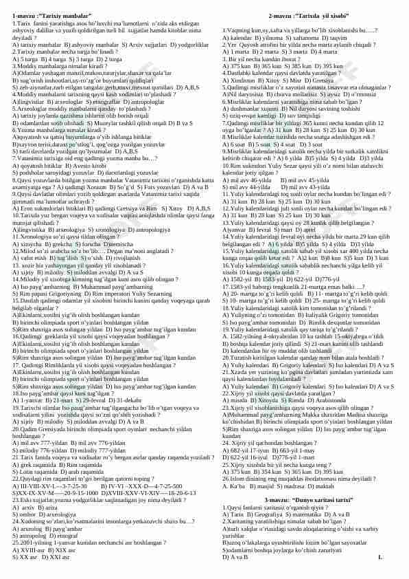 Tarix fanidan mavzulashtirilgan testlar