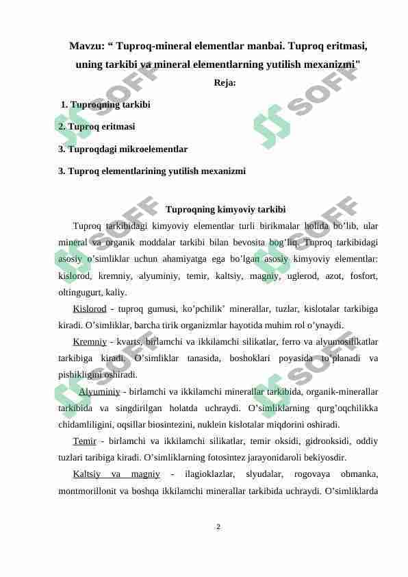 Tuproq-mineral elementlar manbai. Tuproq eritmasi, uning tarkibi va mineral elementlarning yutilish mexanizmi