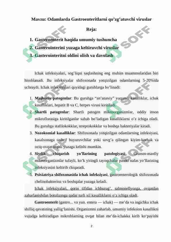 Odamlarda Gastroenteritlarni qo’zg’atuvchi viruslar
