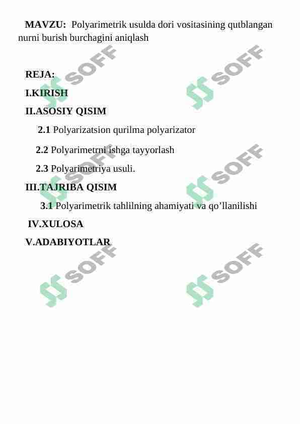 Polyarimetrik usulda dori vositasining qutblangan nurni burish burchagini aniqlash