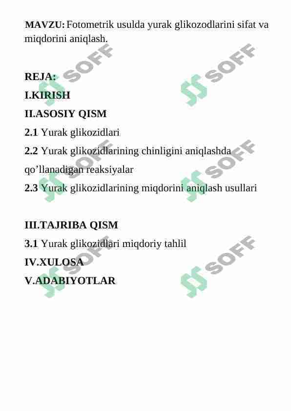 Fotometrik usulda yurak glikozodlarini sifat va miqdorini aniqlash