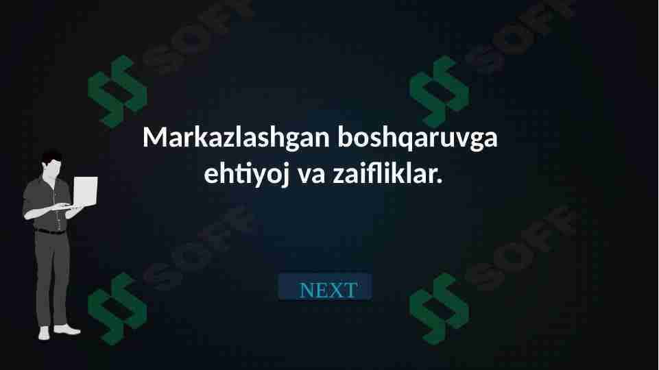 Tarmoqning markazlashgan boshqaruvga ehtiyoj va zaifliklar.