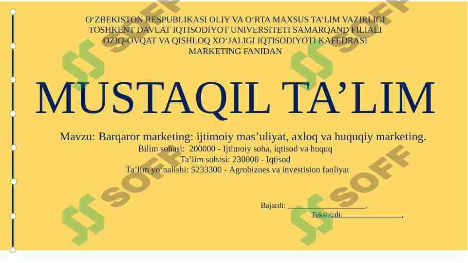Barqaror marketing ijtimoiy mas’uliyat, axloq va huquqiy marketing