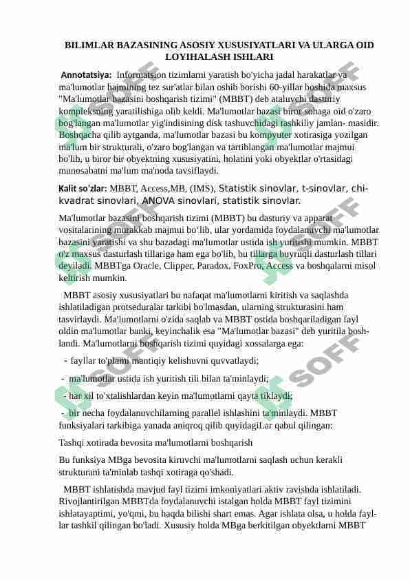BILIMLAR BAZASINING ASOSIY XUSUSIYATLARI VA ULARGA OID LOYIHALASH ISHLARI