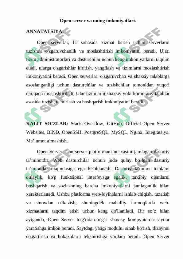 Open server va uning imkoniyatlari.