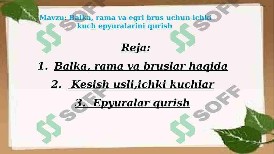 Balka, rama va egri brus uchun ichki kuch epyuralarini qurish