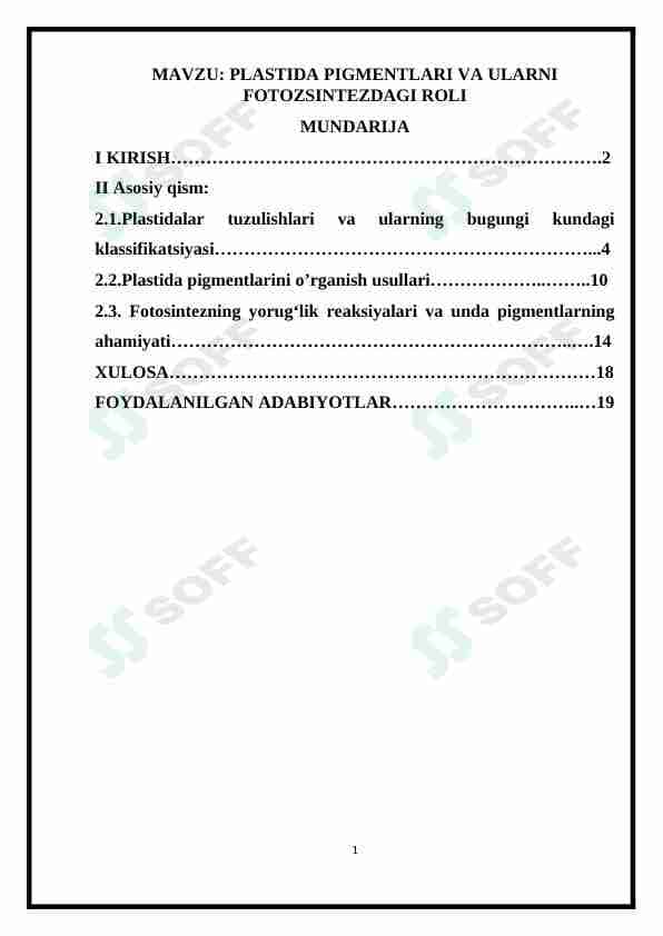 Plastida pigmentlari va ularni fotosintezdagi roli