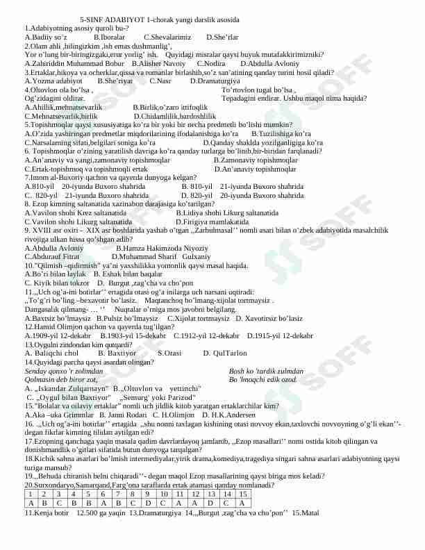 5-sinf ona tili va adabiyot fanidan 1-chorak test topshiriqlari javoblari bilan.