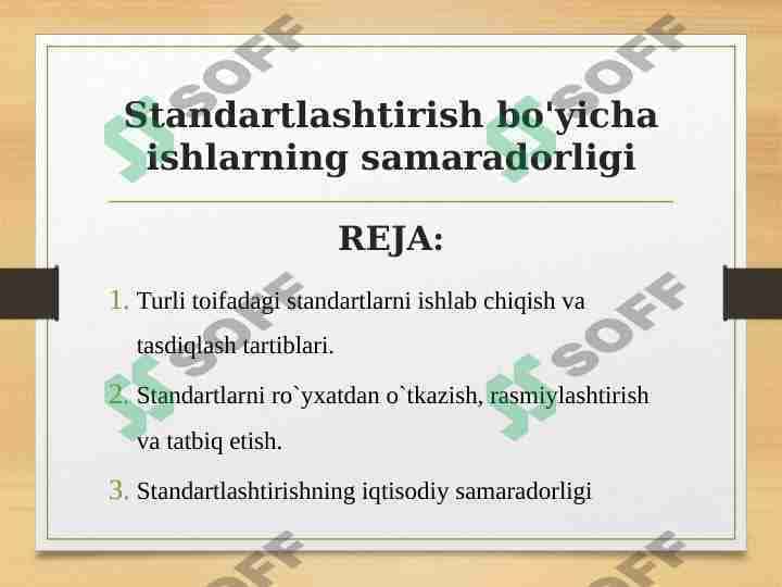 Standartlashtirish bo'yicha ishlarning samaradorligi