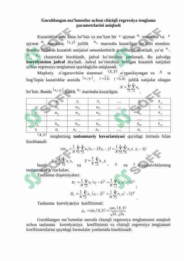 Guruhlangan ma’lumotlar uchun chiziqli regressiya tenglama  parametrlarini aniqlash