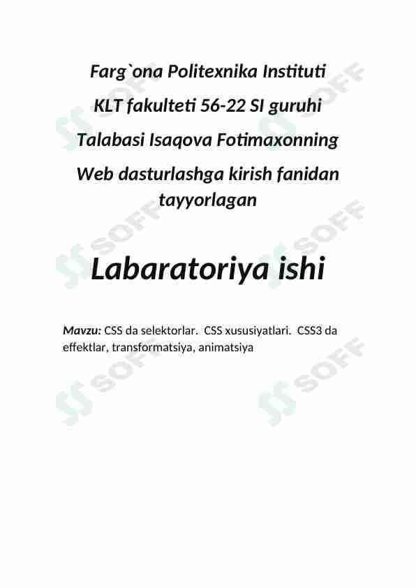 CSS da selektorlar. CSS xususiyatlari. CSS3 da effektlar, transformatsiya, animatsiya