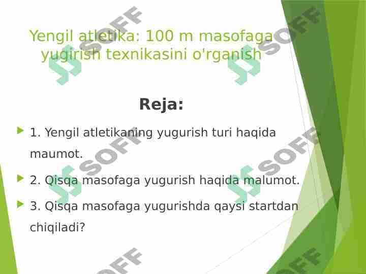 Yengil atletika: 100 m masofaga yugirish texnikasini o'rganish