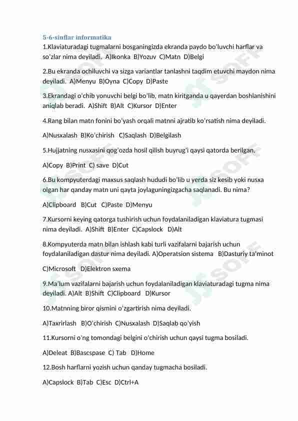 5-6-sinf informatika testlar