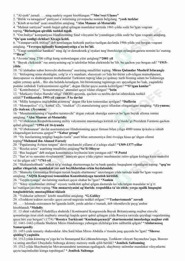 Umumiy Ta'rix-1074 ta savol va javob to'plami