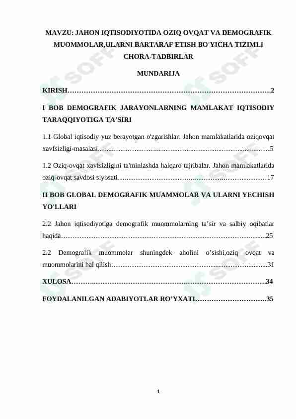 JAHON IQTISODIYOTIDA OZIQ OVQAT VA DEMOGRAFIK MUOMMOLAR,ULARNI BARTARAF ETISH BO'YICHA TIZIMLI CHORA-TADBIRLAR