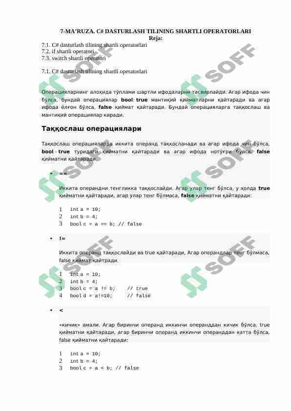 C# DASTURLASH TILINING SHARTLI OPERATORLARI