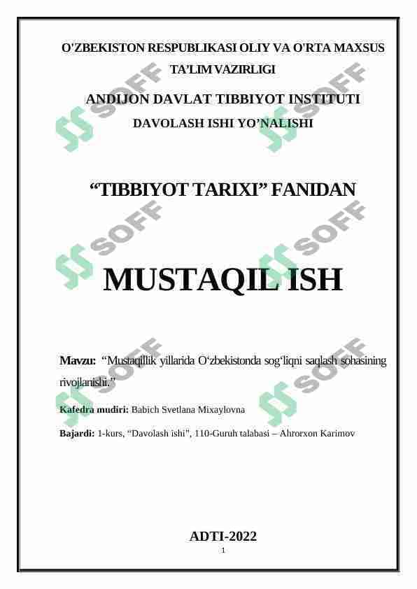Mustaqillik yillarida O‘zbekistonda sog‘liqni saqlash sohasining rivojlanishi