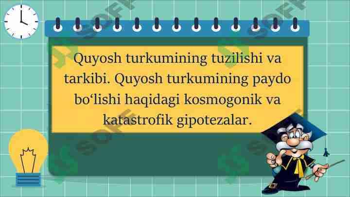 Quyosh turkumining tuzilishi va tarkibi. Quyosh turkumining paydo bo'lishi haqidagi kosmogonik va katastrofik gipotezalar.