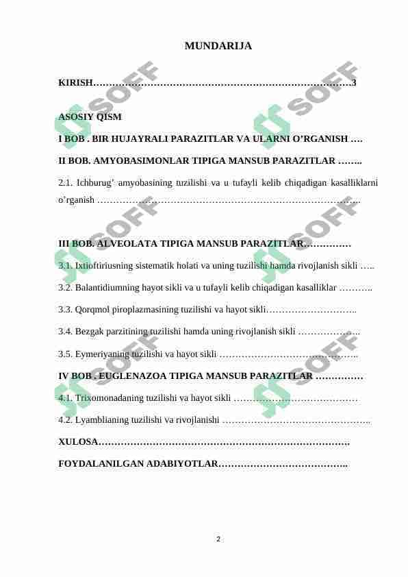 BIR HUJAYRALI PARAZITLAR VA ULARNI O’RGANISH