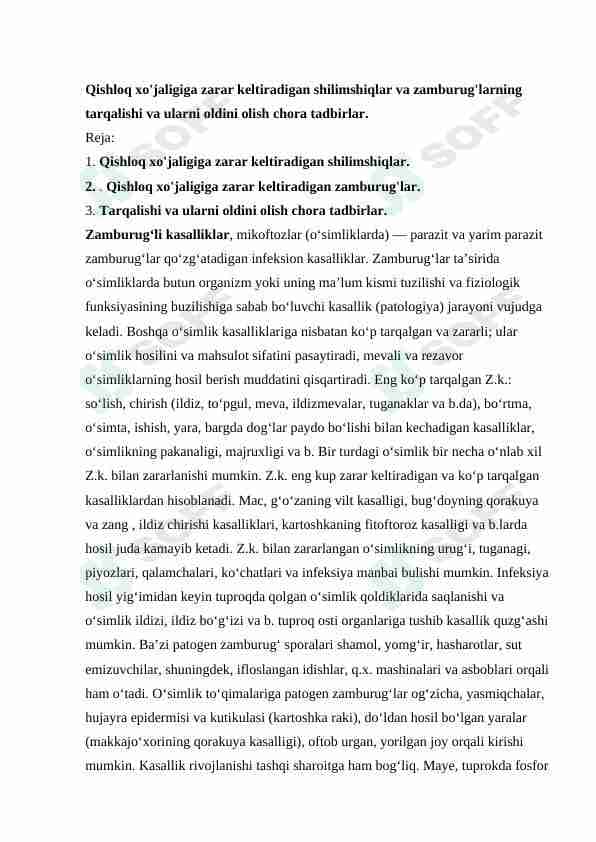 Qishloq xo'jaligiga zarar keltiradigan shilimshiqlar va zamburug'larning tarqalishi va ularni oldini olish chora tadbirlar.