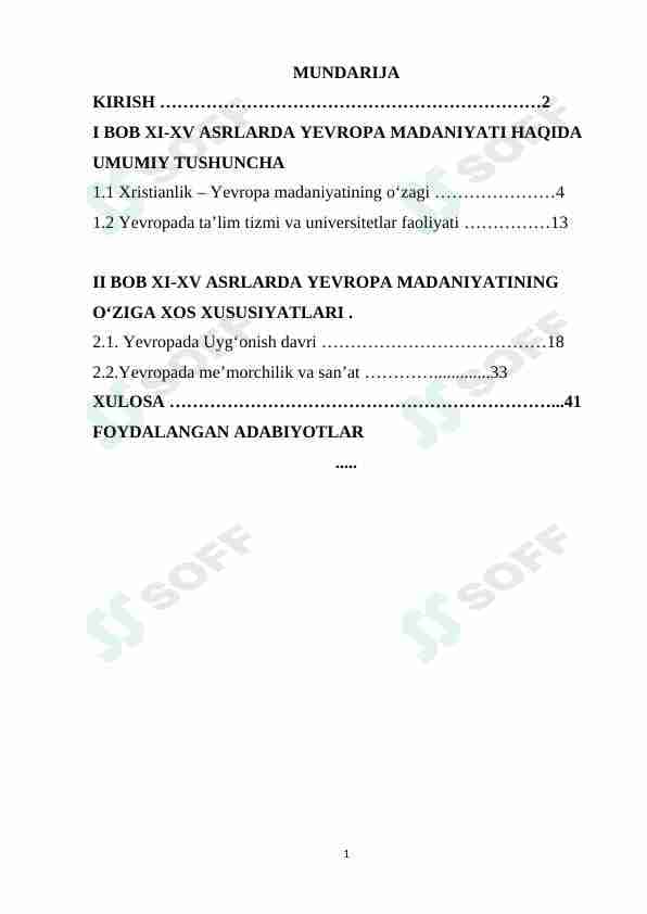 XI-XV ASRLARDA YEVROPA MADANIYATI