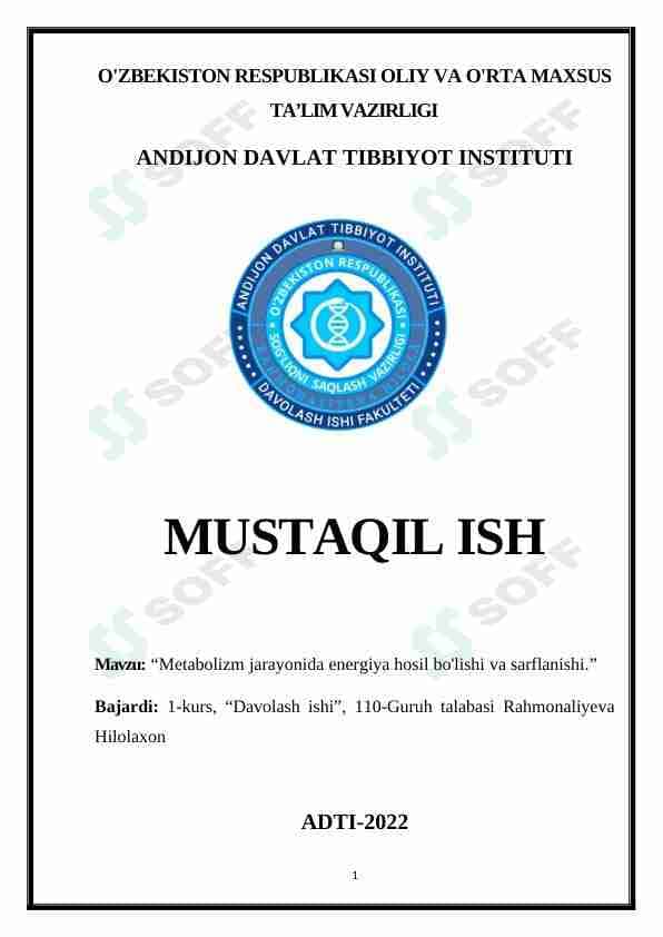 Metabolizm jarayonida energiya hosil bo'lishi va sarflanishi