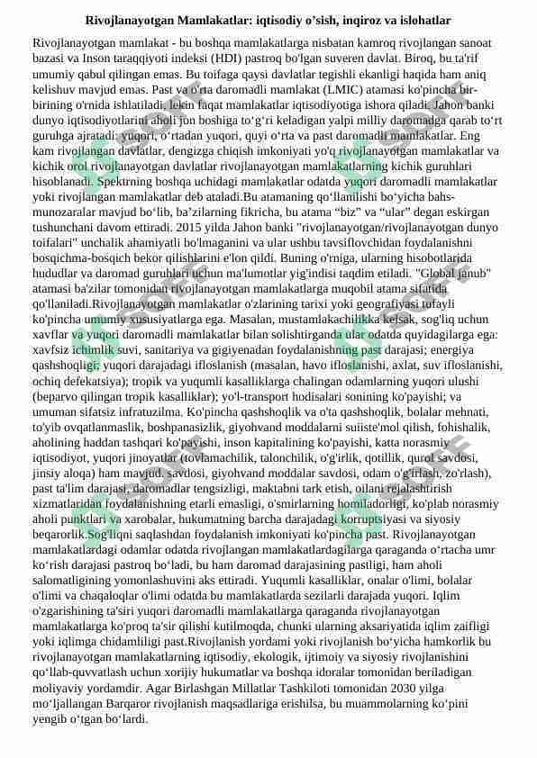 Rivojlanayotgan Mamlakatlar: iqtisodiy o’sish, inqiroz va islohatlar