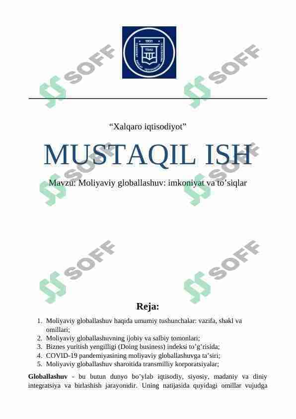 Moliyaviy globallashuv: imkoniyat va to’siqlar