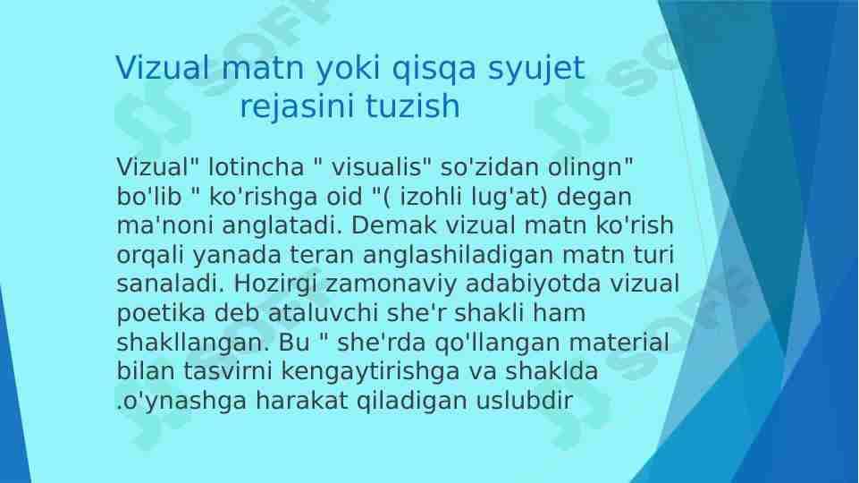 Vizual matn yoki qisqa syujet rejasini tuzish(fotografiya, video...