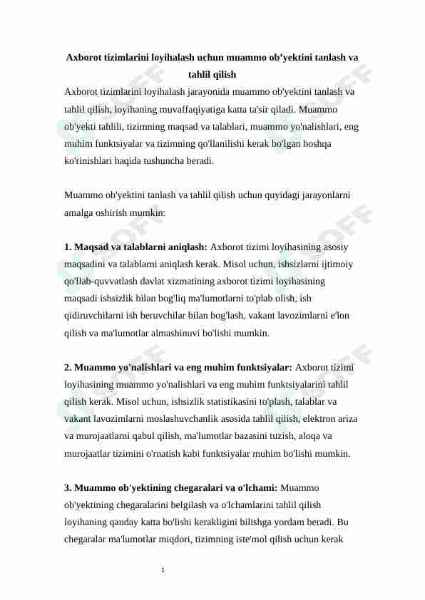 Axborot tizimlarini loyihalash uchun muammo ob’yektini tanlash va tahlil qilish